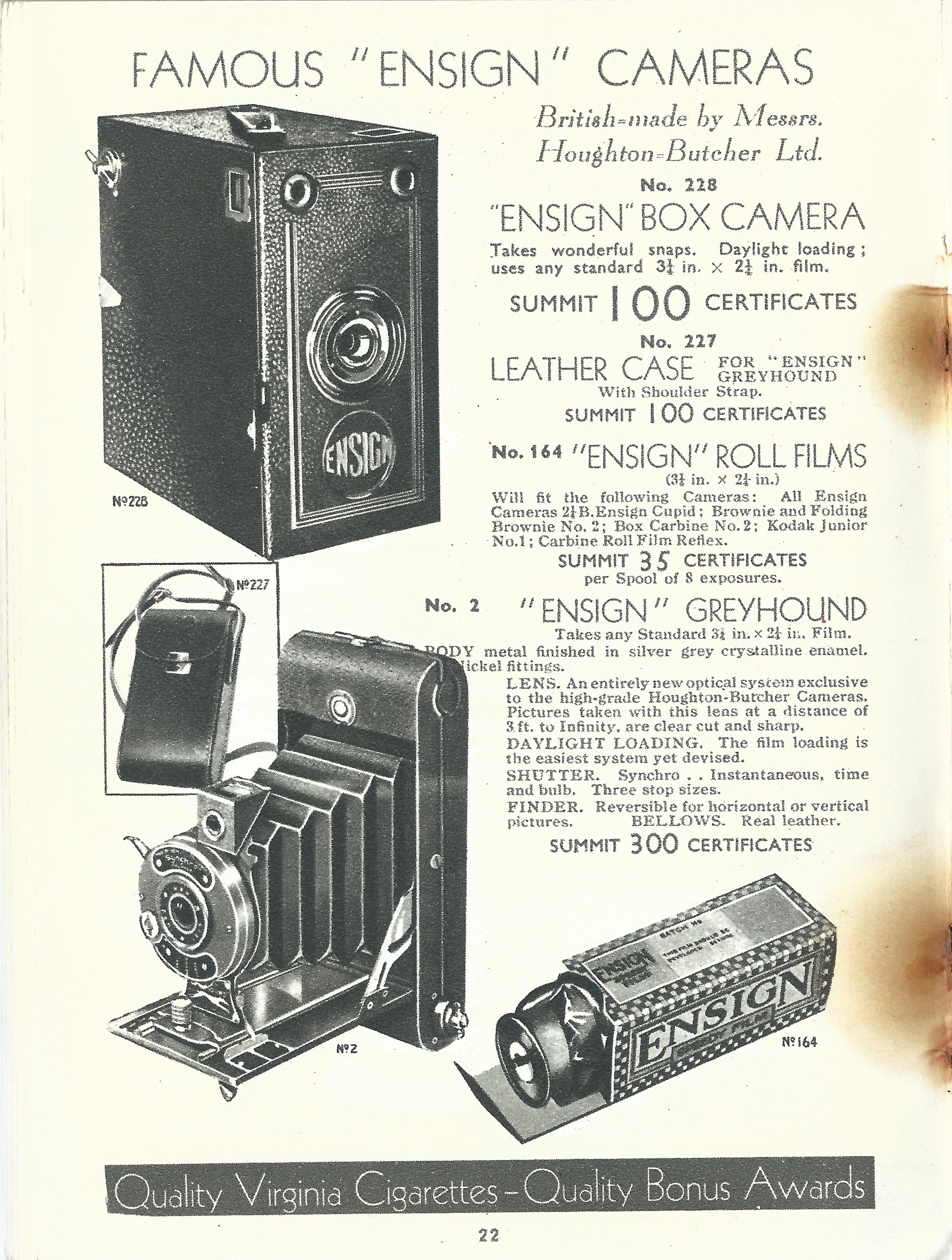 Image of Page 22 in the Summit Book dated October 1931 that shows the Ensign Greyhound camera