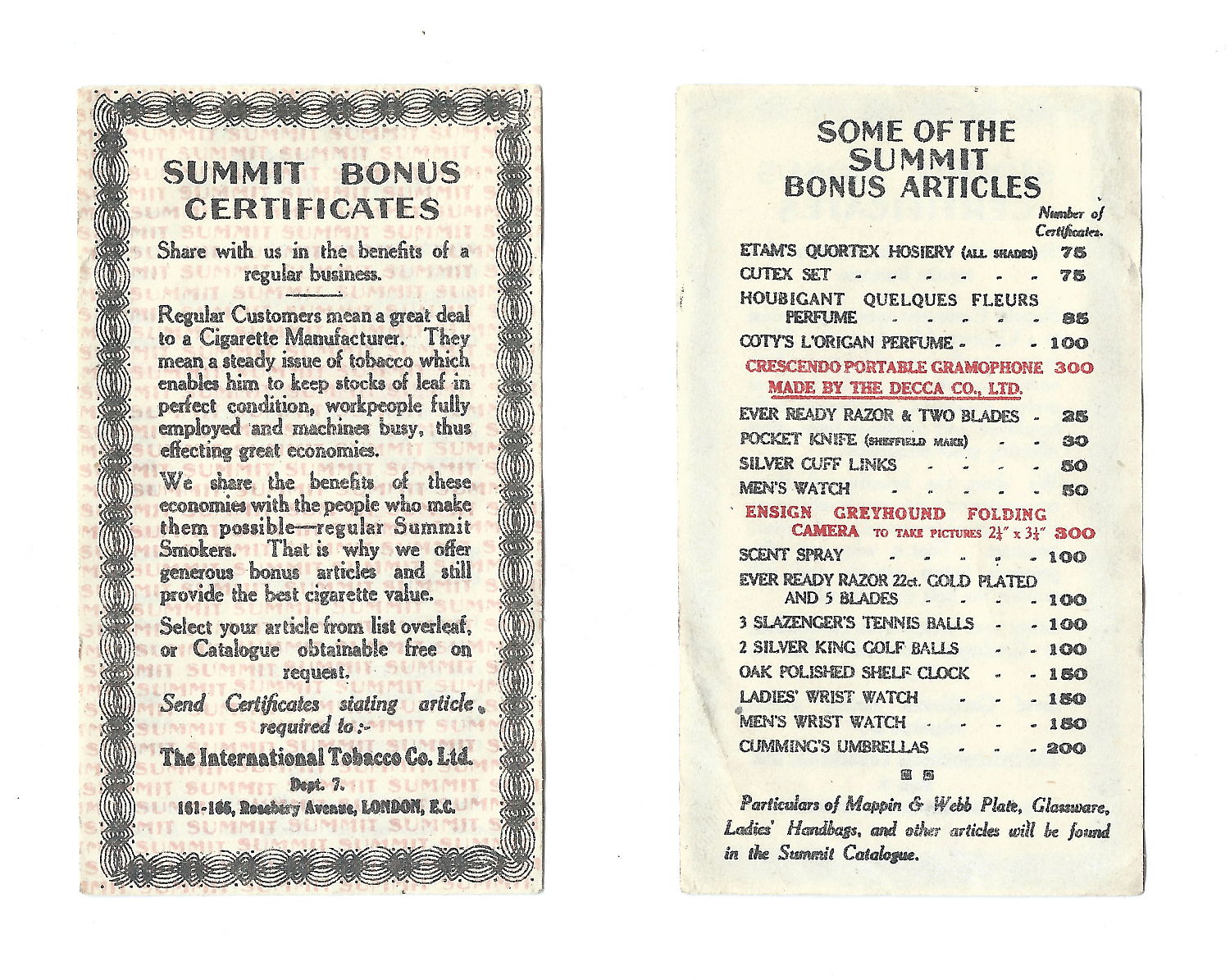 Image of the Summit cigarette coupon or bonus certificate (front and back)